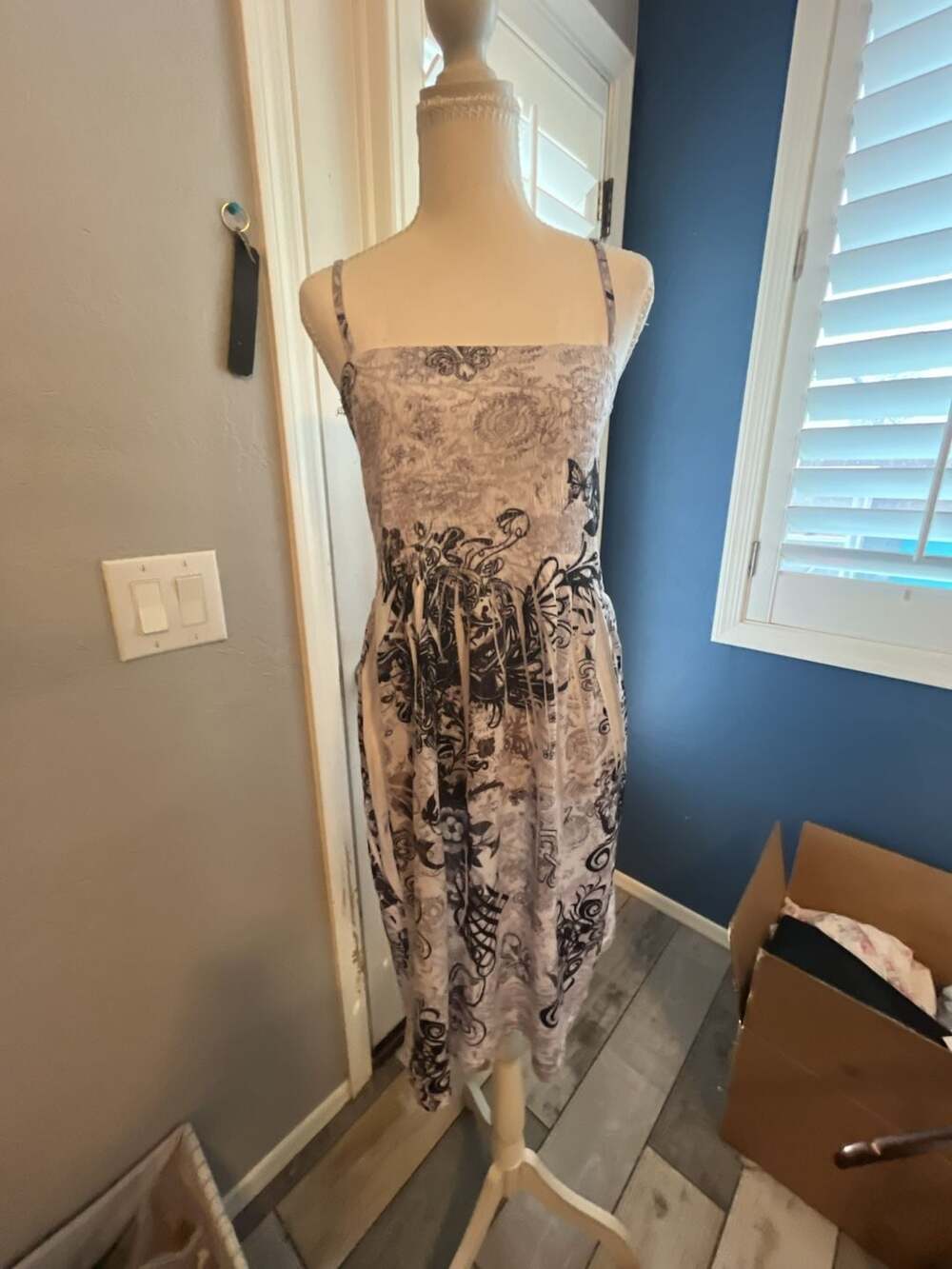 India Boutique Black and White Floral Print Smocked Cami Dress